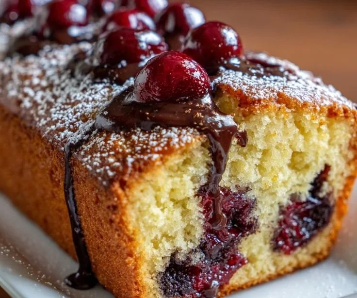 Delicious Cherry Garcia Loaf Cake topped with cherries and creamy texture