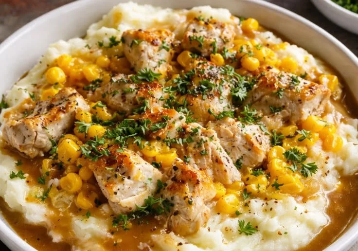 Chicken and Sweet Potato Bowls topped with fresh veggies and herbs