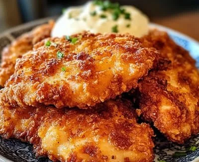 Delicious chicken fried chicken served with creamy gravy on a plate