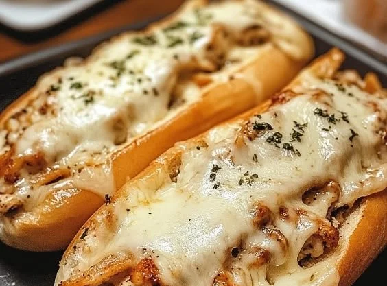 Homemade Chicken Philly Cheese Steaks served with melted cheese and peppers