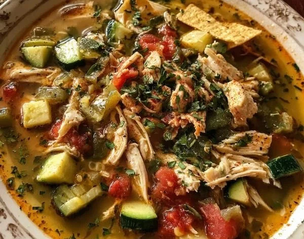 Delicious Chicken Poblano Soup in a bowl garnished with cilantro.
