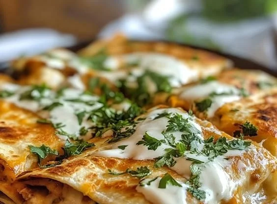 Homemade chicken quesadilla filled with cheese and vegetables on a plate