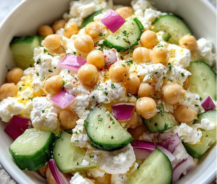 Chickpea and Cottage Cheese Salad Bowl with fresh vegetables and dressing