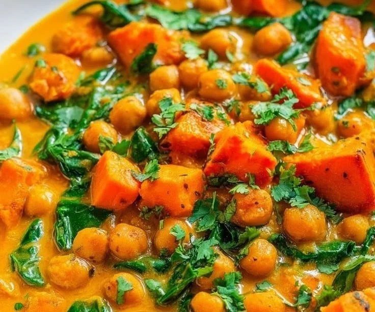 Bowl of Chickpea and Sweet Potato Coconut Curry with vibrant colors and fresh ingredients