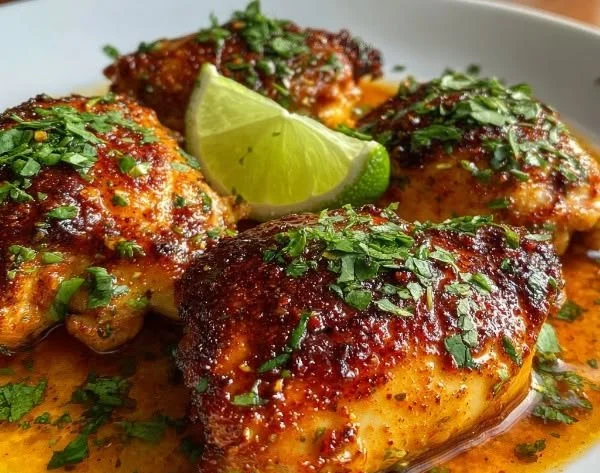 Grilled Chili-Lime Chicken on a plate with fresh herbs and lime wedges