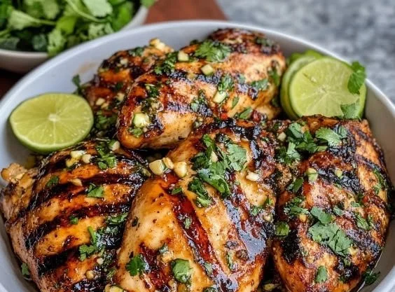 Chili Lime Grilled Chicken served on a plate with fresh herbs