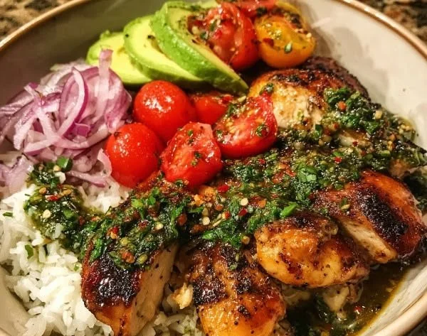 Chimichurri Chicken Bowl topped with garlic sauce, garnished with fresh herbs