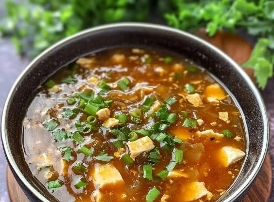 Bowl of Chinese Hot and Sour Soup garnished with herbs and vegetables