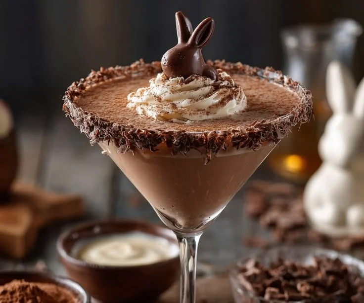 Chocolate Bunny Martini cocktail with creamy chocolate and bunny decorations