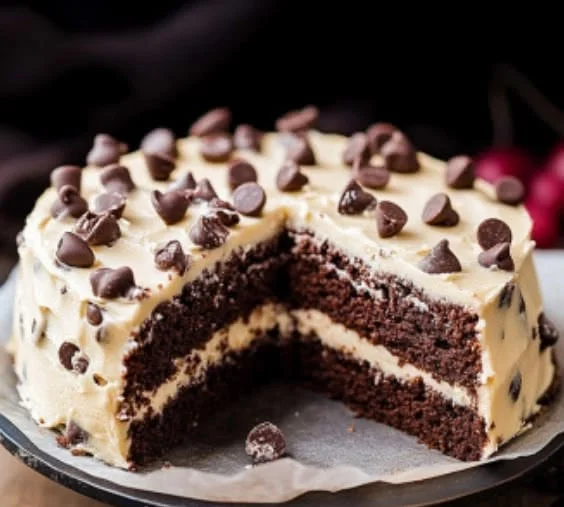 Delicious homemade chocolate chip cake with chocolate chips on top