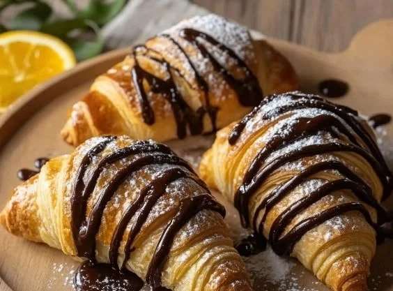 Delicious homemade chocolate orange croissant dessert with chocolate drizzle