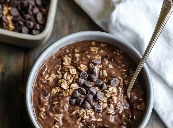 Bowl of creamy Chocolate Overnight Oats topped with fresh berries and nuts
