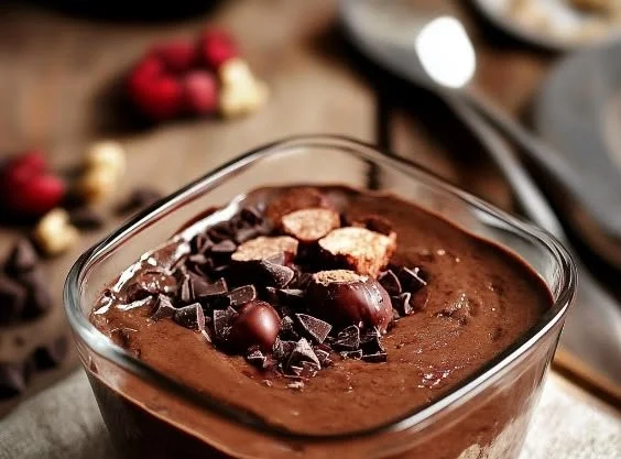 Delicious chocolate pudding with cottage cheese served in a bowl