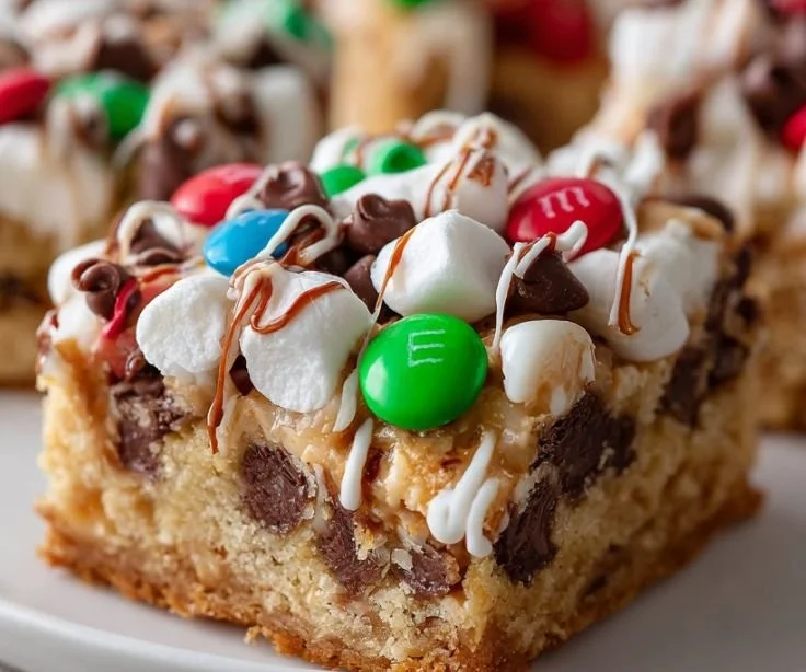 Christmas Chocolate Marshmallow M&M Bars with festive decorations