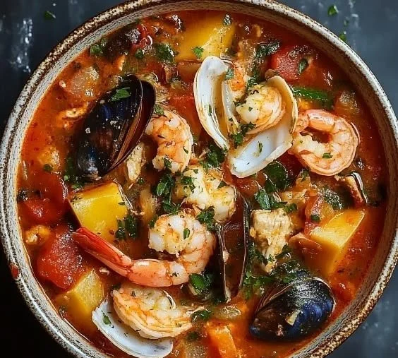 Bowl of cioppino seafood stew with fresh seafood and aromatic herbs