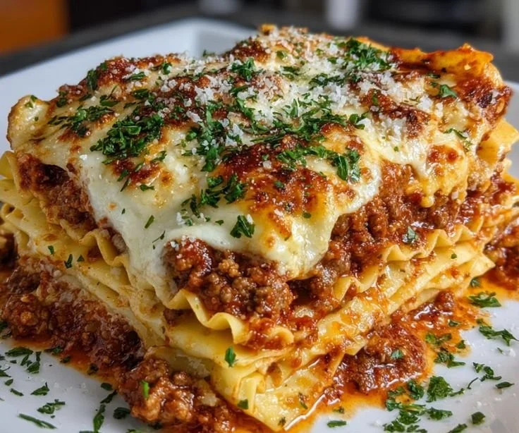Delicious classic lasagna layered with creamy cheese and rich pasta