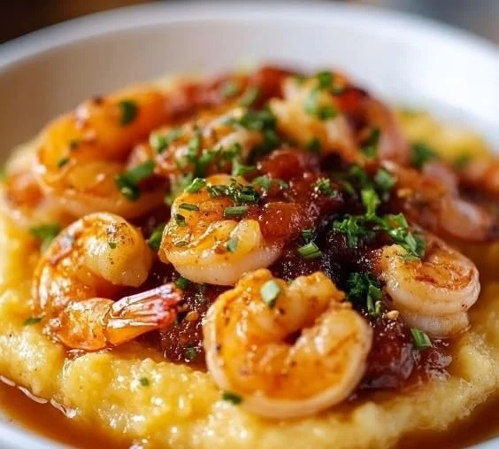 Delicious classic shrimp and grits served in a bowl, garnished with herbs.