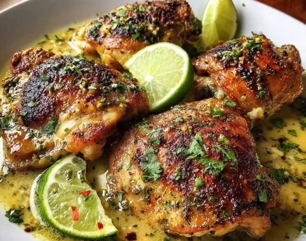 Delicious Coconut Lime Chicken dish garnished with lime and spices