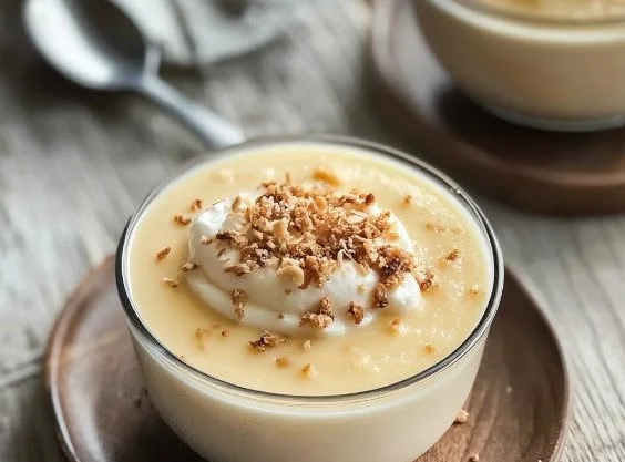 Delicious coconut pudding served in a bowl with a garnish of fresh coconut flakes.
