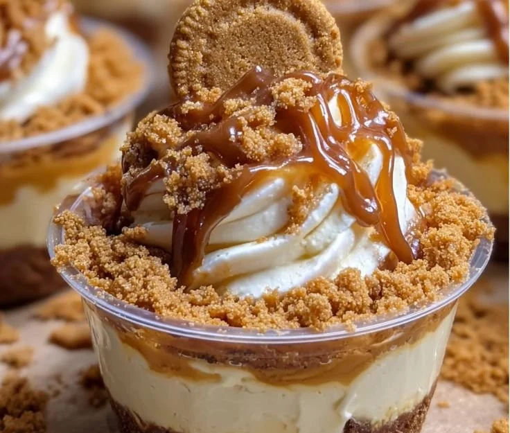 Deliciously creamy Cookie Butter Cheesecake Cups topped with cookie crumbs.
