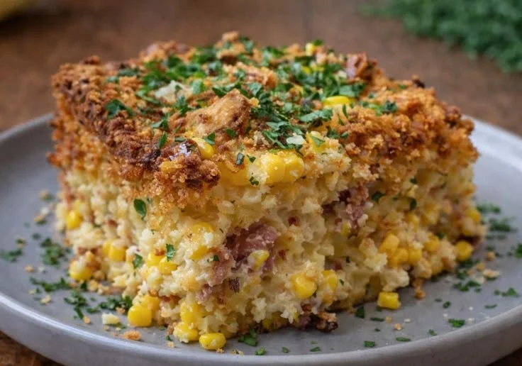 Deliciously topped Cornbread Casserole, a perfect comfort food dish.