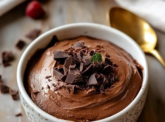 Delicious cottage cheese and dark chocolate mousse dessert in a bowl