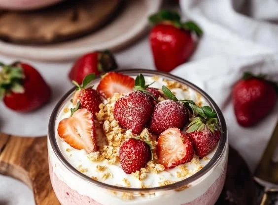 Creamy cottage cheese strawberry mousse topped with fresh berries