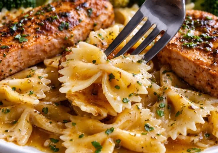 Cowboy Butter Lemon Bowtie Chicken with Broccoli dish