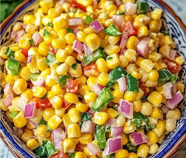 Bowl of colorful Crack Corn Salad with fresh ingredients and herbs.