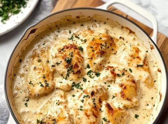 Cream Cheese Chicken served on a plate with herbs and garnishes.