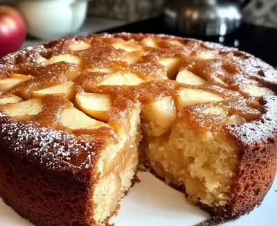 Creamy apple cake topped with fresh apples and whipped cream.