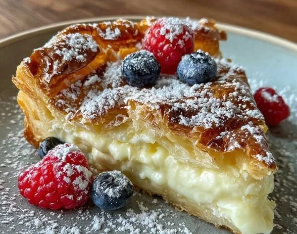 Delicious creamy cheesecake danish with a flaky crust on a plate.