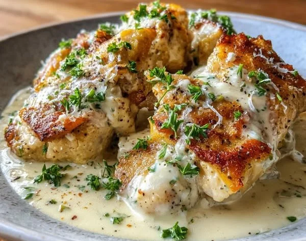 Creamy Chicken Boursin Sauce served over succulent chicken breast