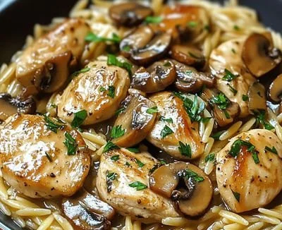 Creamy Chicken Marsala Orzo dish garnished and ready to serve