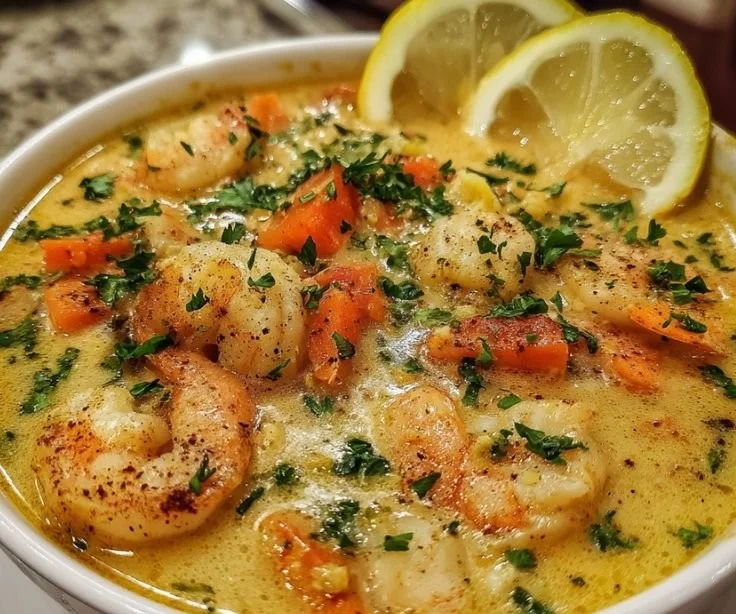 Creamy crab and shrimp seafood bisque in a bowl garnished with herbs