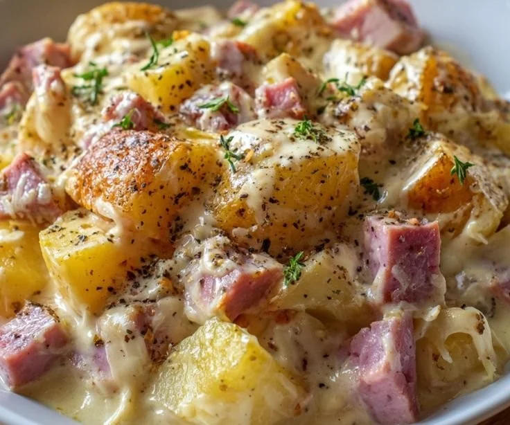 Creamy Crockpot Ham and Potatoes served in a bowl