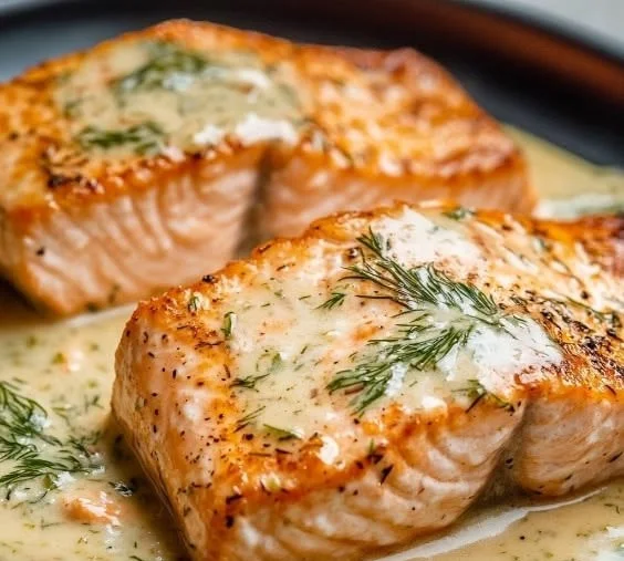 Delicious creamy dill salmon dish served on a plate with herbs.