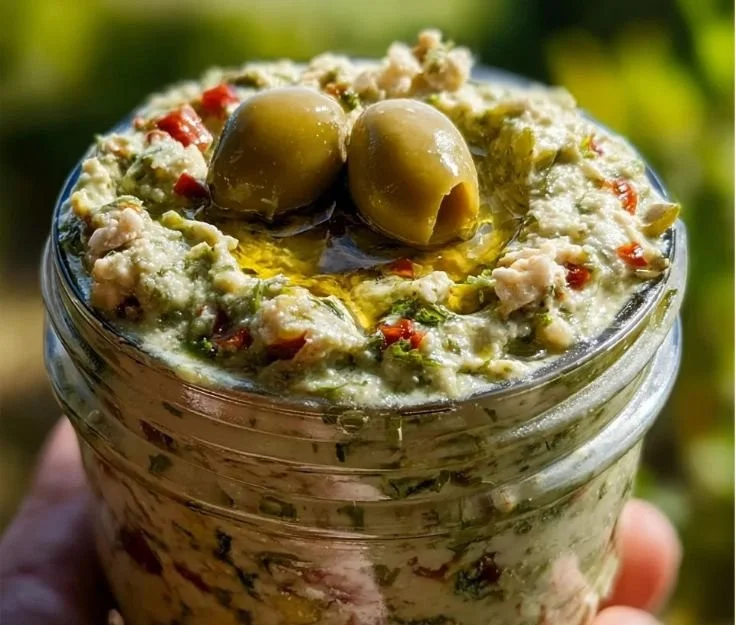 Creamy feta dip served with roasted red peppers in a bowl