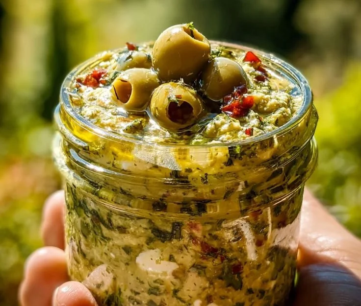 Creamy feta and green olive dip served in a bowl with crackers