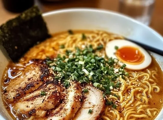 Bowl of creamy garlic chicken ramen garnished with herbs and chili.