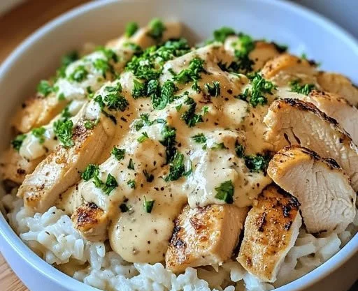 Creamy garlic chicken rice bowls with fresh herbs and spices for a delightful dinner.