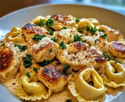 Creamy garlic parmesan chicken tortellini served in a bowl with herbs
