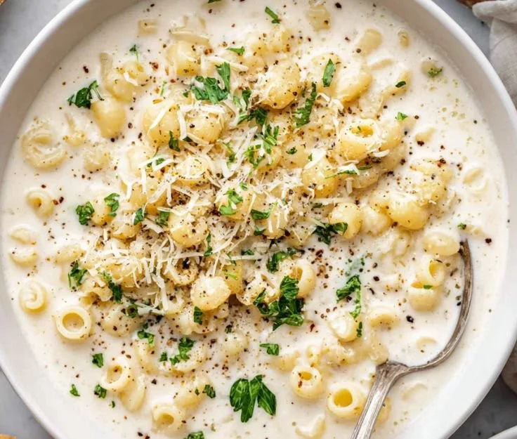 A bowl of creamy garlic parmesan soup garnished with parsley and croutons.