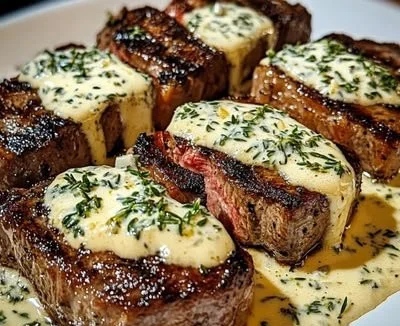 Creamy garlic sauce served over grilled steak