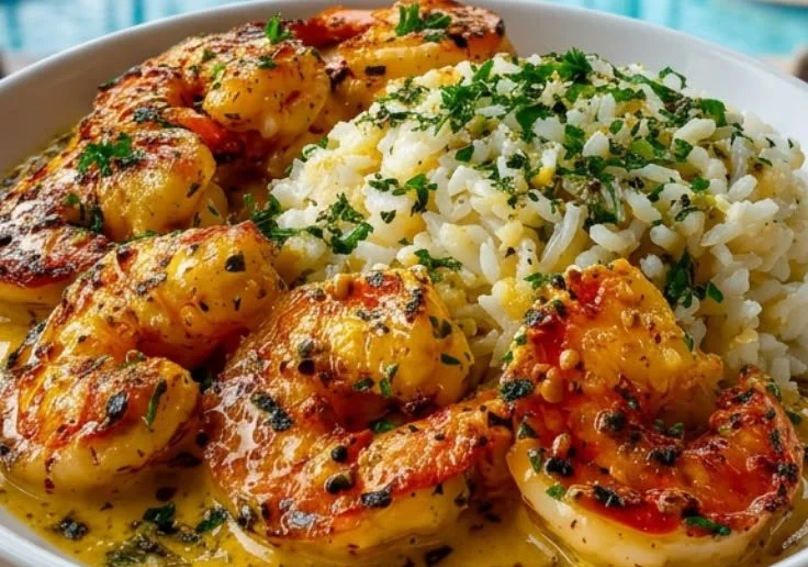 Delicious creamy garlic shrimp served with pasta and herbs
