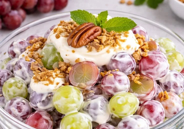 Creamy grape salad with pecans in a white bowl garnished with mint leaves