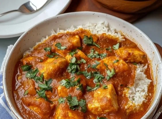 Creamy Halloumi and Tomato Curry dish served in a bowl with herbs
