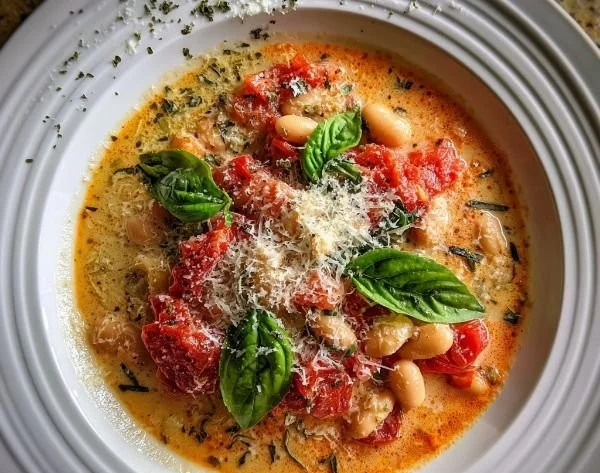 Creamy Parmesan tomato soup with cannellini beans in a bowl