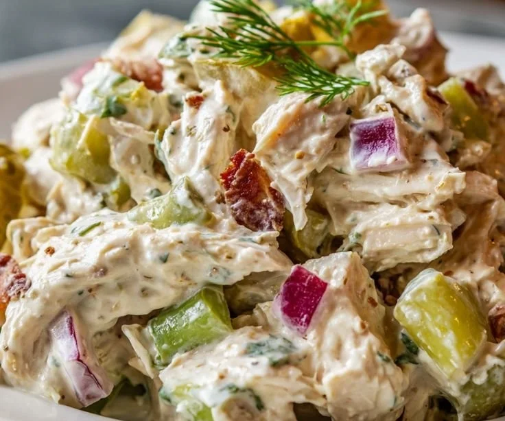 Creamy pickle ranch chicken salad with fresh ingredients in a bowl