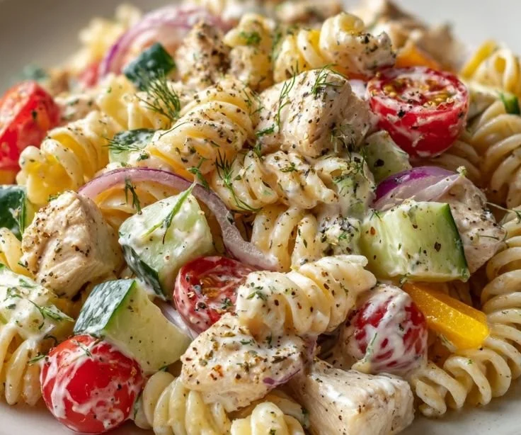 Creamy Ranch Pasta Salad with protein-rich ingredients and colorful vegetables